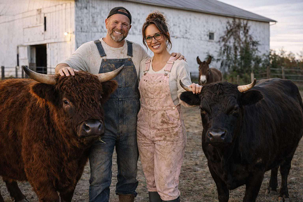 A man and woman stand arm and arm with a dark brown steer on the left and right of them. The woman is wearing pink overalls and the man is wearing denim overalls. They are standing on grass and there is a white barn in the background of the photo.