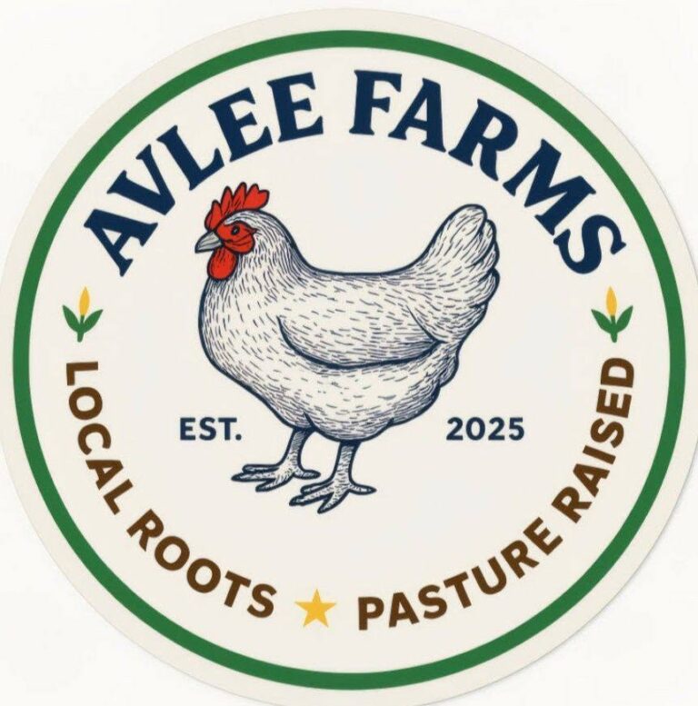 logo of of avlee farms in a green circle with an image of a white chicken on it. logo shows established in 2025 and includes a farm slogan "local roots, pasture raised"