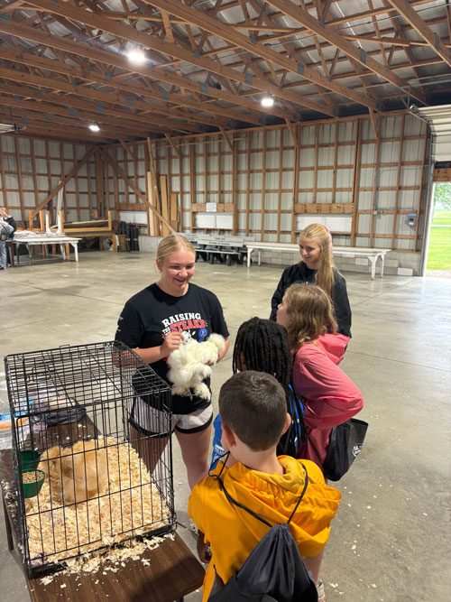 A teenage girl in a "Raising the Steaks" t-shirt holds a fluffy white rabbit while showing it to a group of young children gathered around a wire cage inside a pole barn.