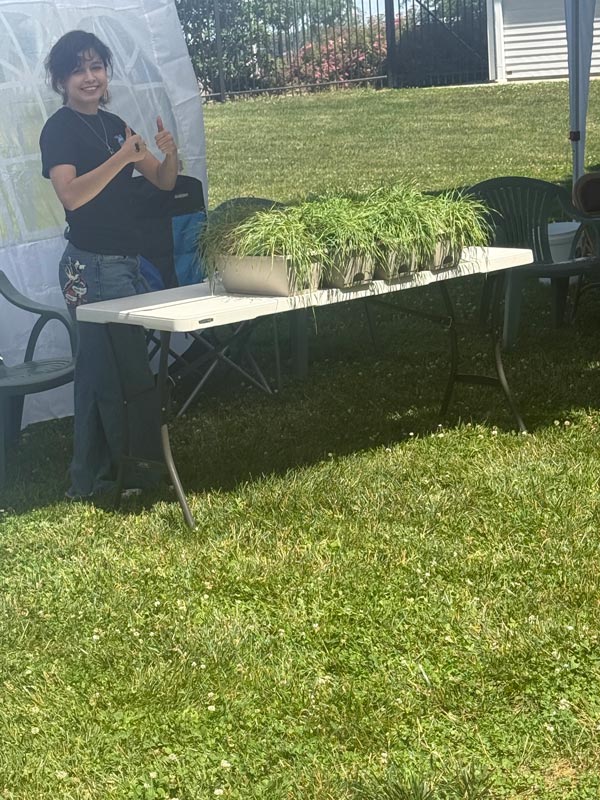 A young woman gives a thumbs up next to a folding table displaying a tray of grass seedlings, set up outdoors on a grassy lawn under a canopy tent at Sauder Village.