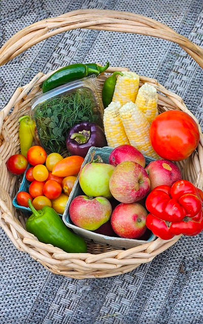 Overhead view of a woven wicker basket filled with fresh produce, including ears of corn, a large red tomato, red bell peppers, apples in a green carton, cherry tomatoes, a purple pepper, green peppers, a jalape&ntilde;o, and a small container of fresh herbs, set on a gray woven outdoor rug or tablecloth.
